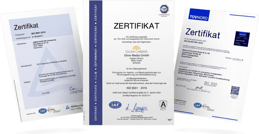 ISO 9001 Zertifikate von TÜV SÜD, TÜV Rheinland und TÜV NORD